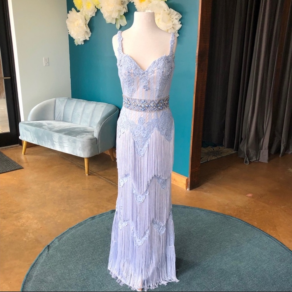 NWT Mac Duggal Blue Fringe Gown
